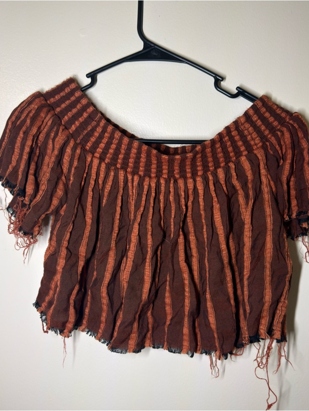 Free People Rust and Burnt Orange Striped Off-Shoulder Frayed Hem Crop Top - Picture 2 of 3